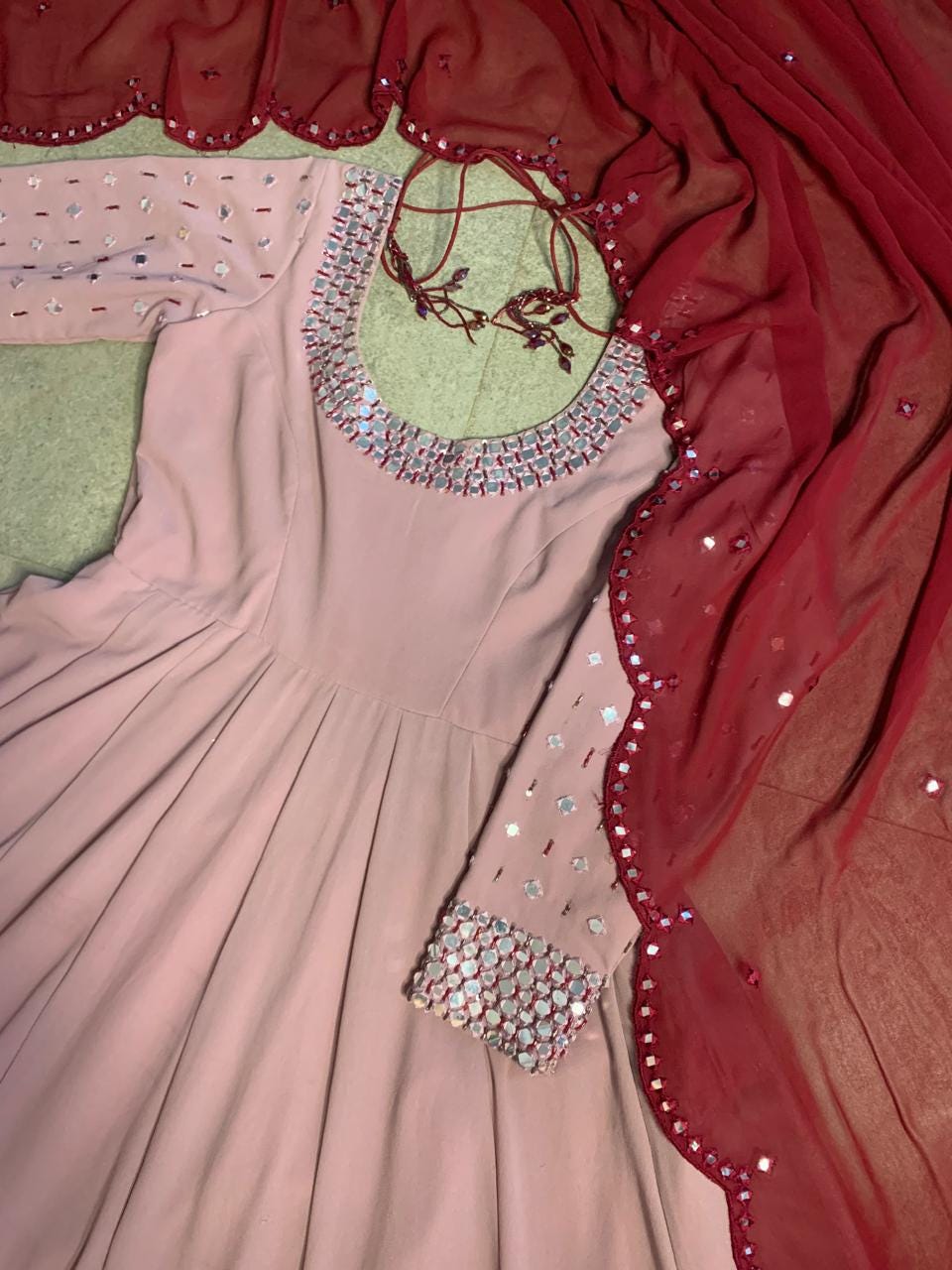 Anarkali Gown with Dupatta, Mirror Work Indian Dress, Women's Salwar Kameez