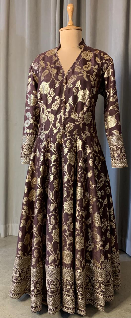 Plus Size Mocha Georgette Anarkali Gown, Gold Motif Indian Dress