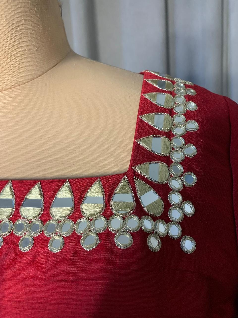 Off-White Georgette Lehenga Choli with Red Raw Silk Mirror Work Blouse, Ready to Wear Indian Wedding Guest Outfit, Stitched Chaniya Choli