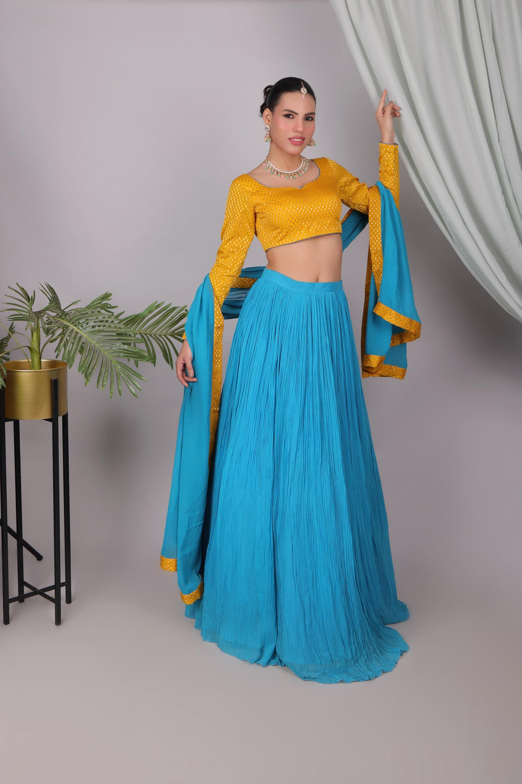 Teal and Mustard Georgette Lehenga Set, Mom and Daughter Matching Indian Outfits