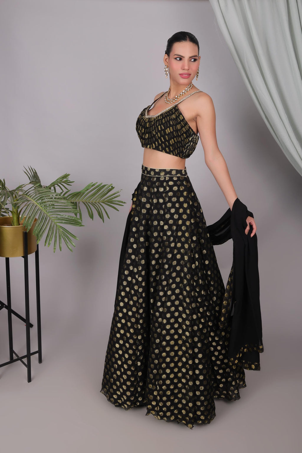 Black & Gold Brocade Lehenga Choli Set - Indian Wedding Outfit