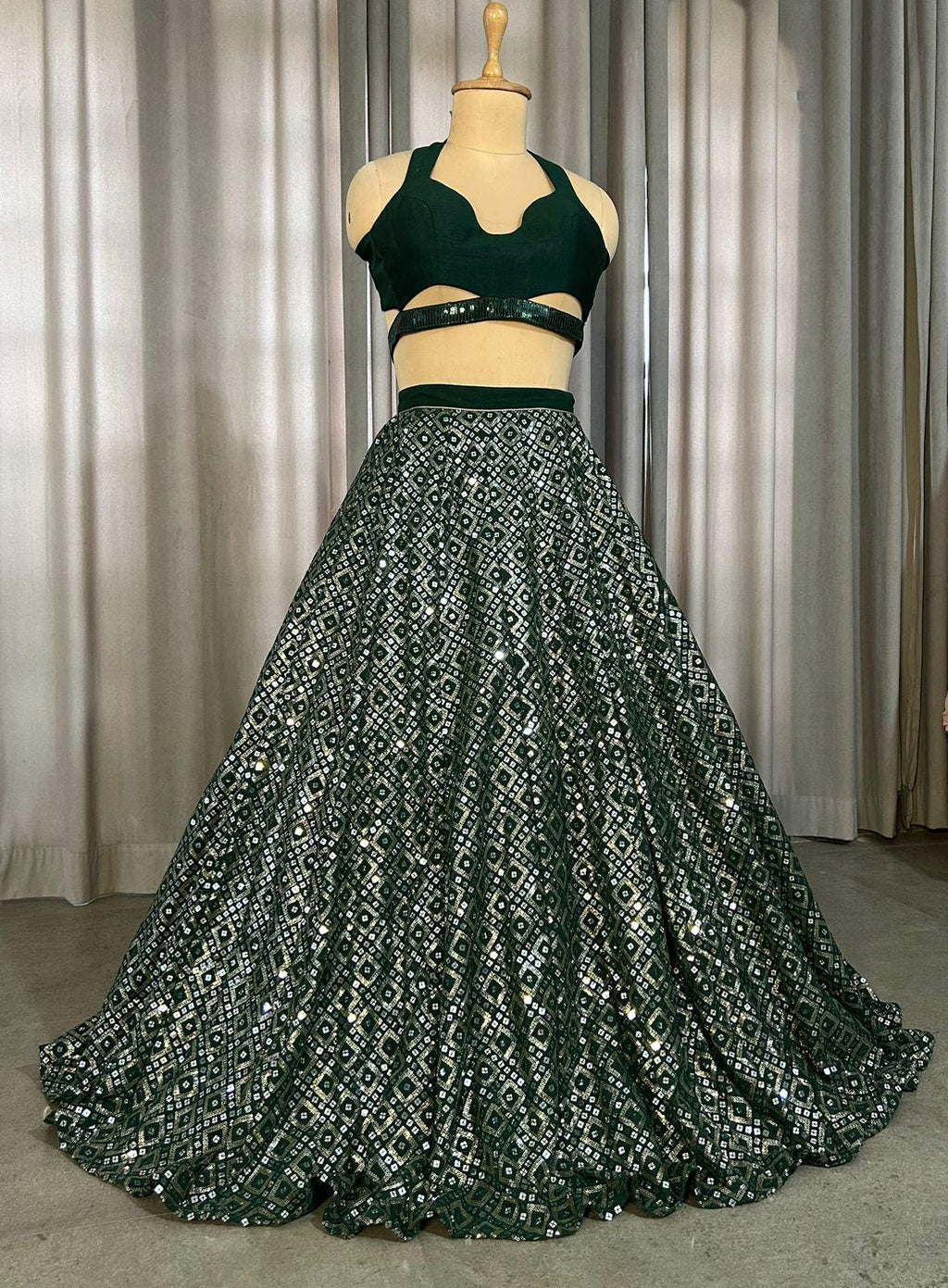 Emerald Green Sequin Lehenga Choli Set - Indian Wedding Outfit
