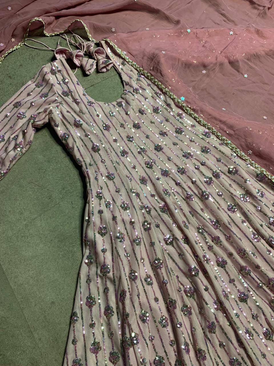 Dusty Rose Sequin Anarkali Suit in Stretch Net, Ready to Wear Indian Wedding Guest Gown, Designer Long Gown with Organza Dupatta and Pyajami