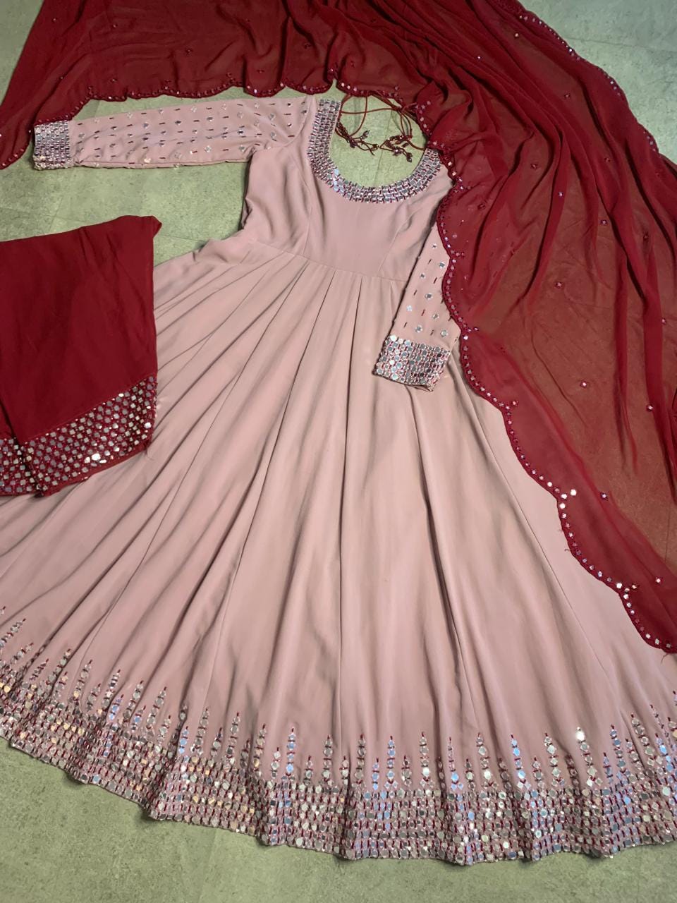 Anarkali Gown with Dupatta, Mirror Work Indian Dress, Women's Salwar Kameez