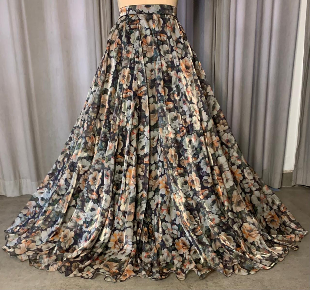 Floral Chiffon Maxi Skirt - Long Flowy Skirt with Train