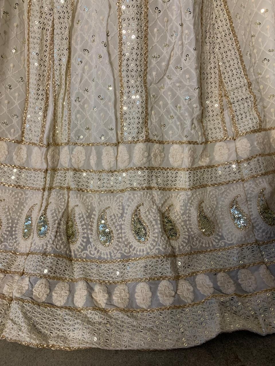 Off-White Georgette Lehenga Choli with Red Raw Silk Mirror Work Blouse, Ready to Wear Indian Wedding Guest Outfit, Stitched Chaniya Choli