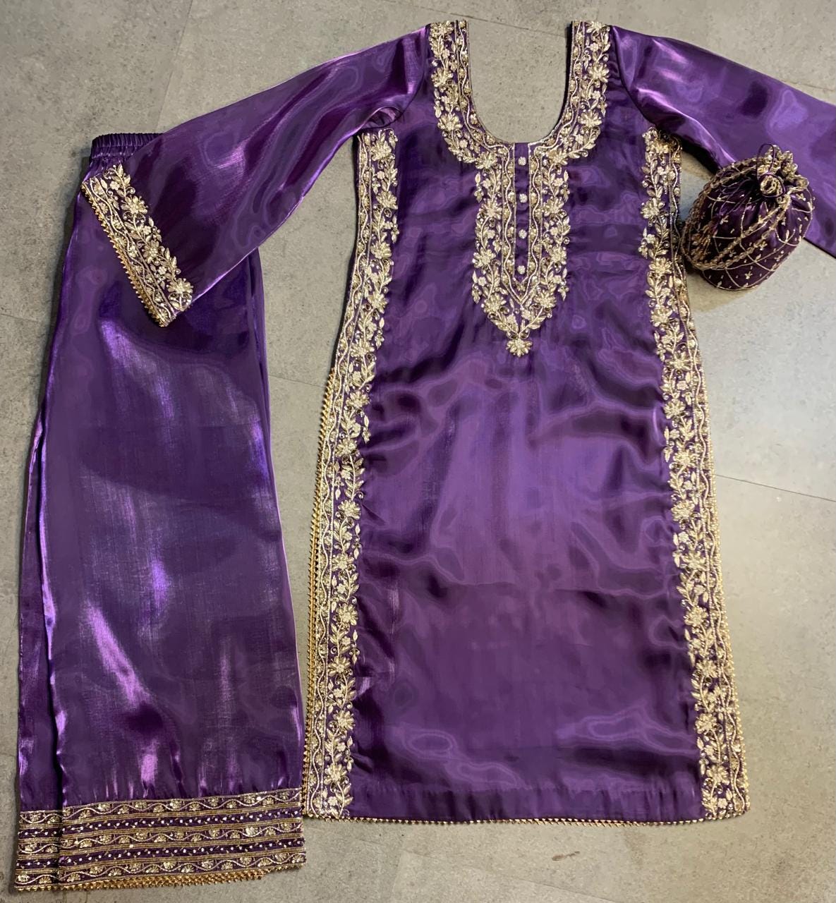 Purple Jimmy Choo Fabric Kurta Set, Hand Embroidered Palazzo Suit with Organza Dupatta, Monotone Indian Wedding Guest Outfit, Stitched Suit