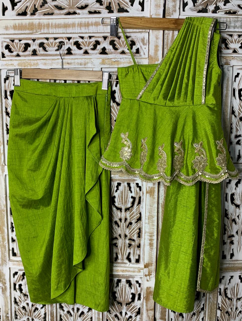 Lime Green One-Shoulder Dhoti Set for Girls