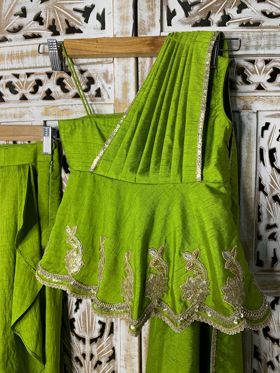 Lime Green One-Shoulder Dhoti Set for Girls