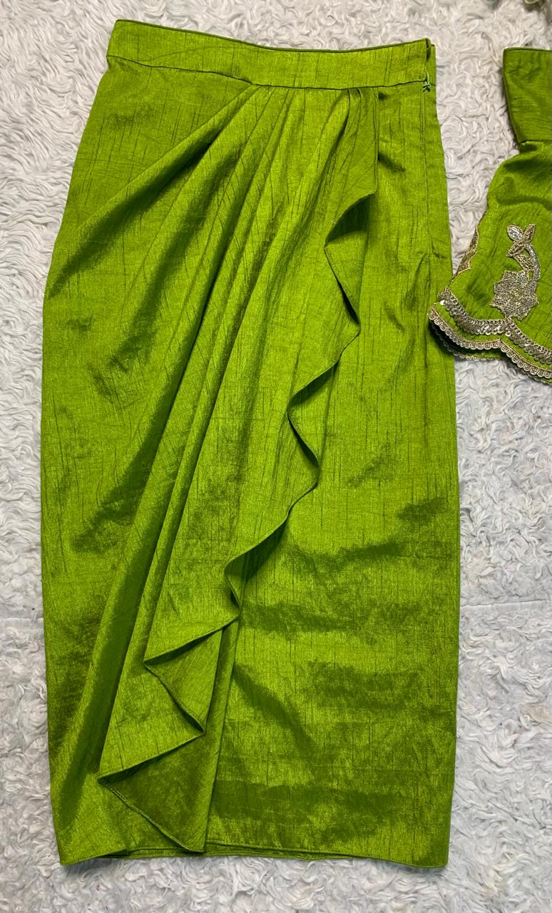 Lime Green One-Shoulder Dhoti Set for Girls