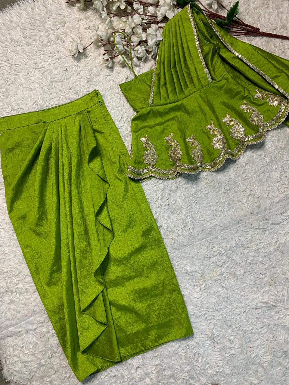Lime Green One-Shoulder Dhoti Set for Girls