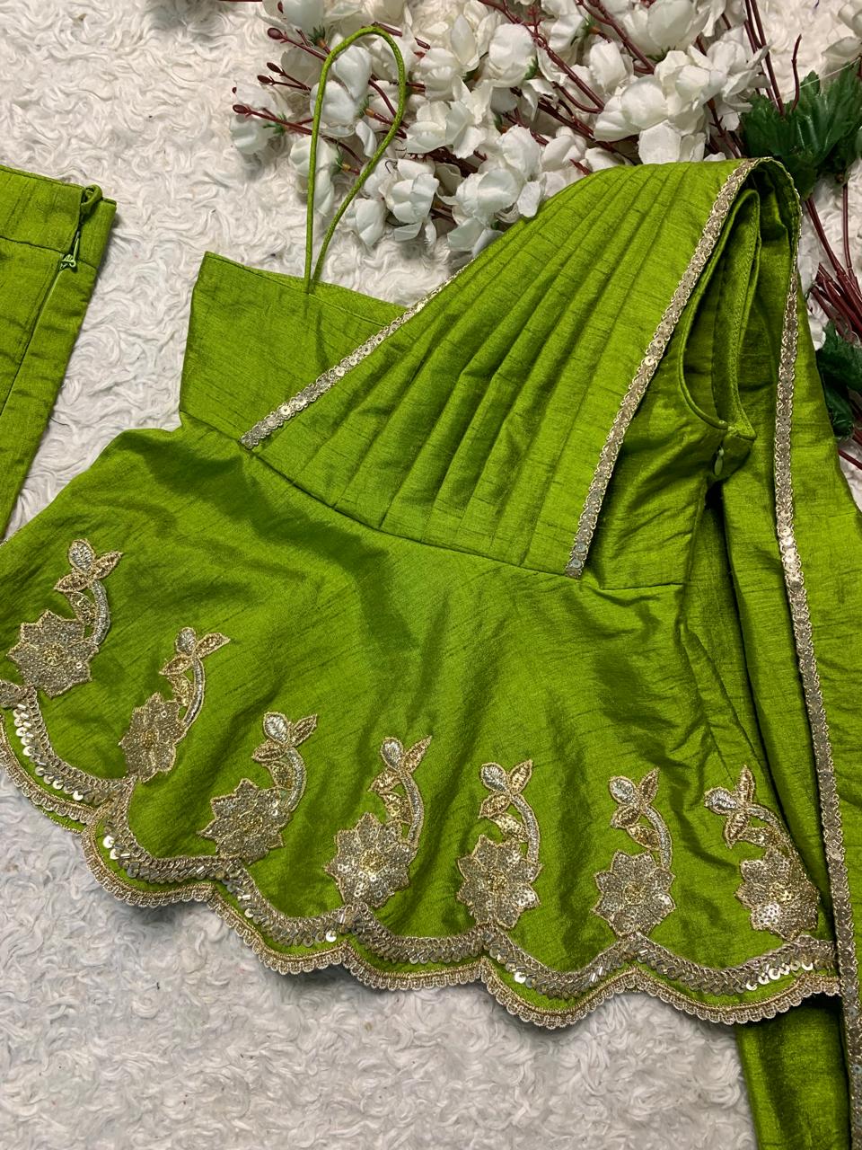 Lime Green One-Shoulder Dhoti Set for Girls