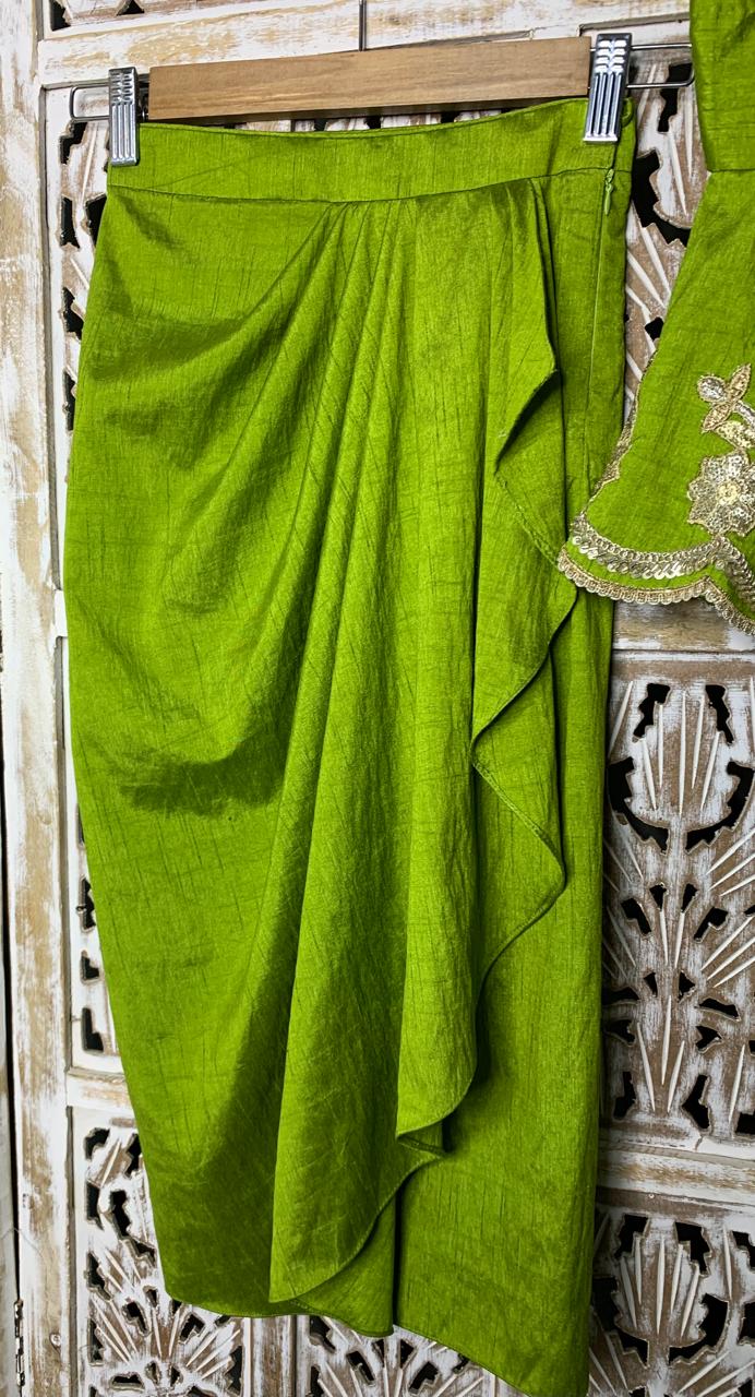 Lime Green One-Shoulder Dhoti Set for Girls