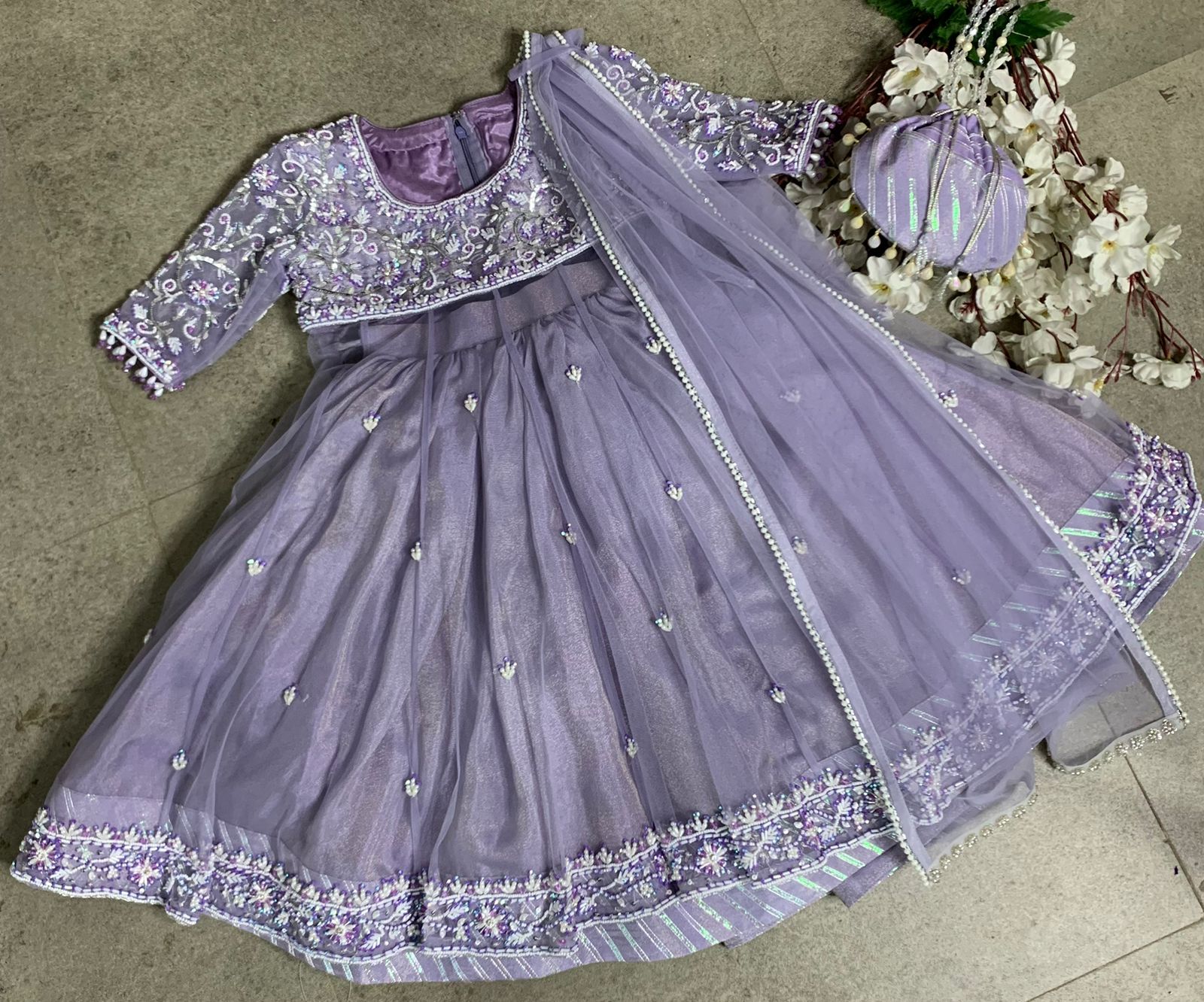 Lavender Hand-Embroidered Lehenga Set for Girls