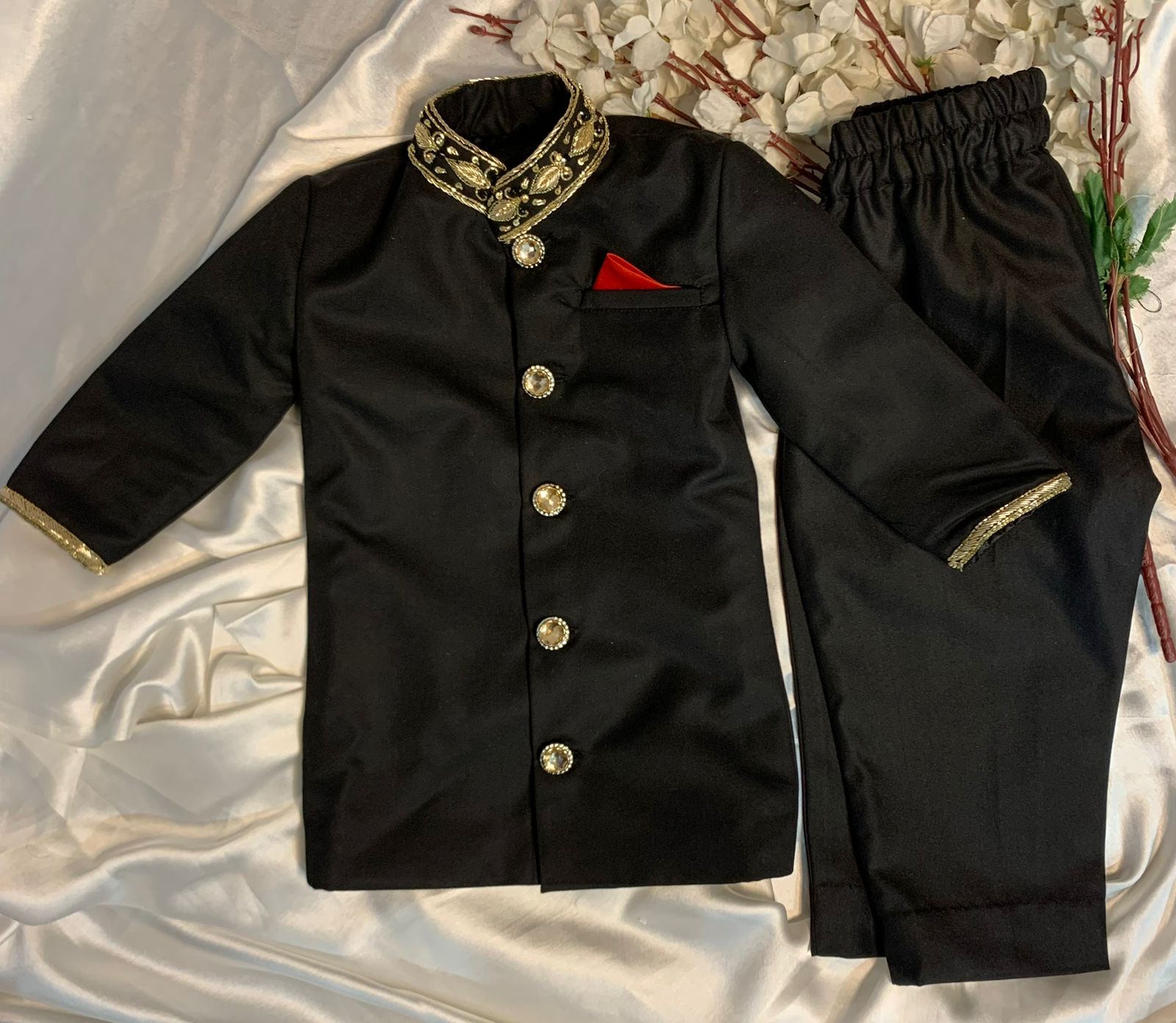 Black Embroidered Sherwani Set for Boys