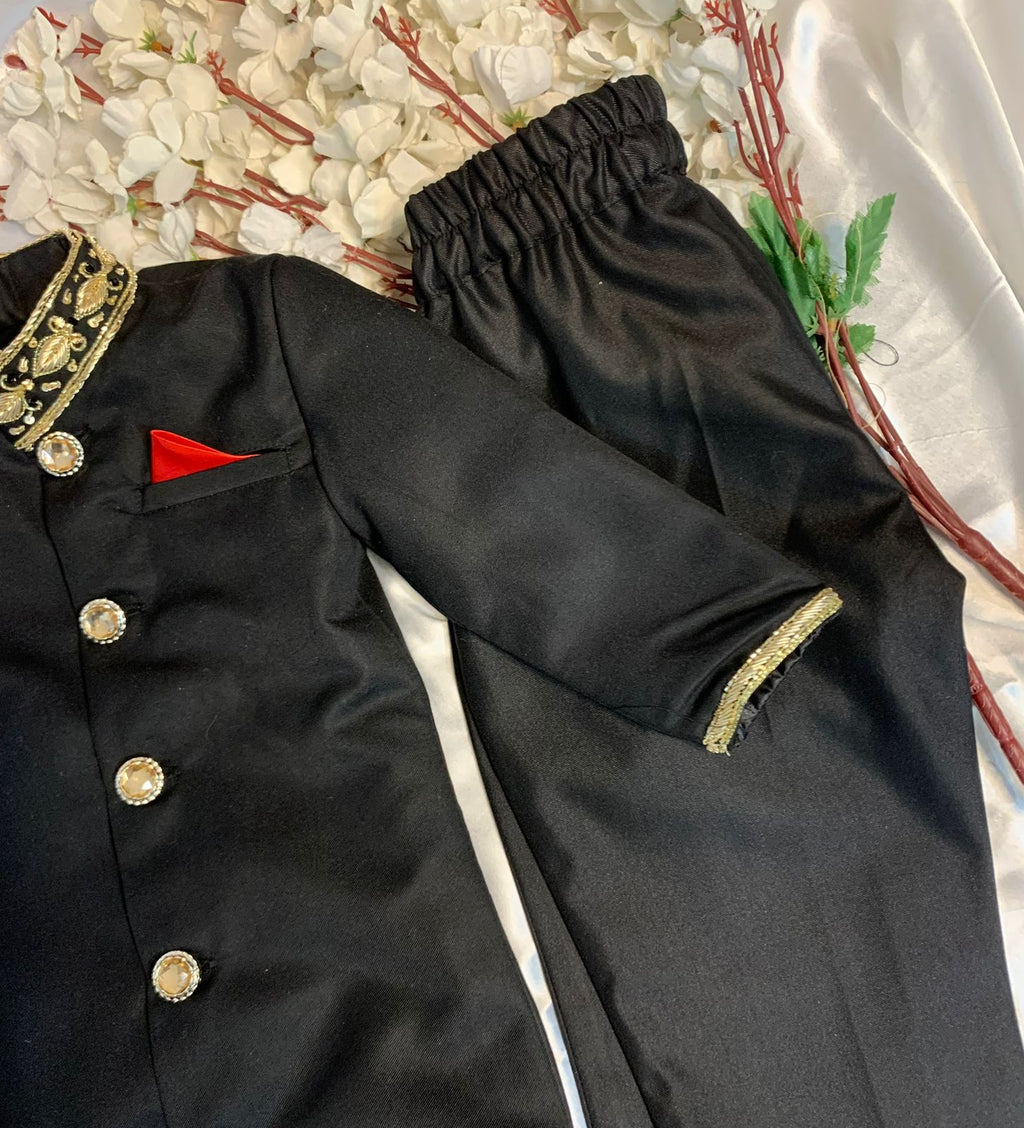 Black Embroidered Sherwani Set for Boys