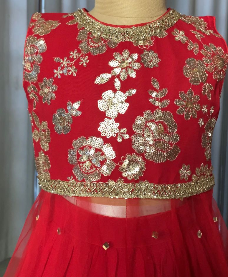 Red Gold Embroidered Lehenga Set for Girls