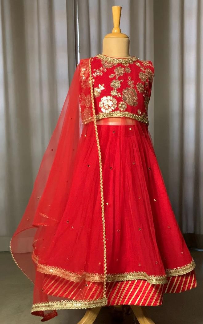 Red Gold Embroidered Lehenga Set for Girls