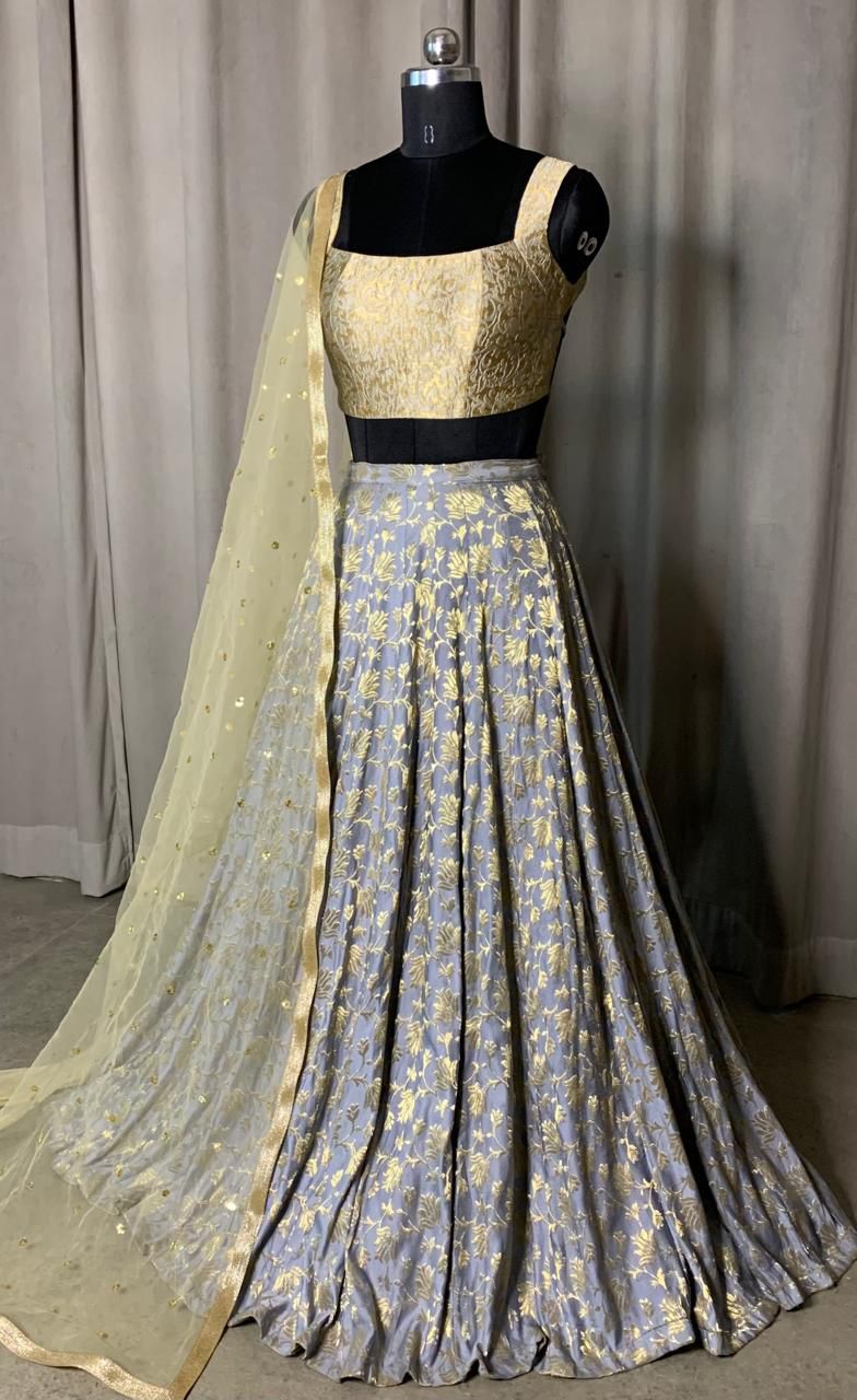 Grey Gold Floral Lehenga Set with Pastel Dupatta