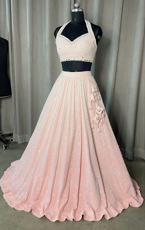 Blush Ombre Chikankari Mirror Work Lehenga Set