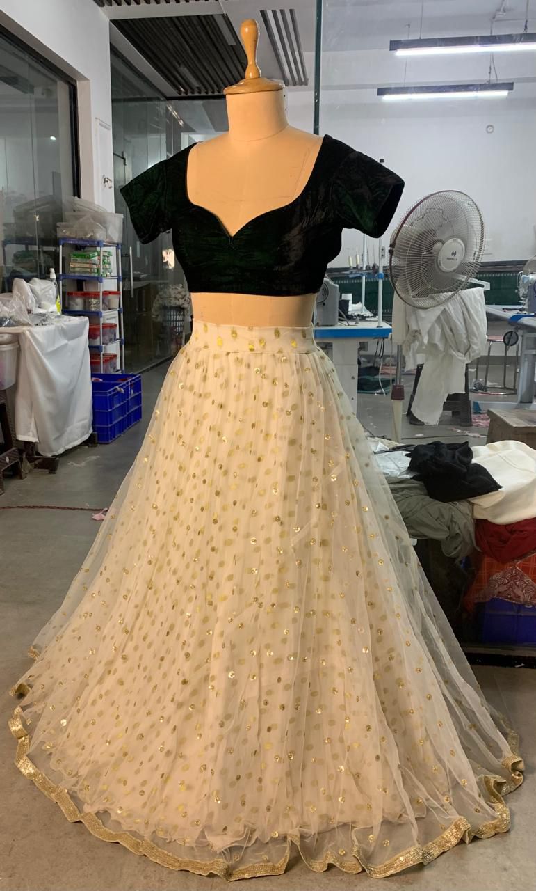 Ivory Net Lehenga Set with Black Velvet Blouse