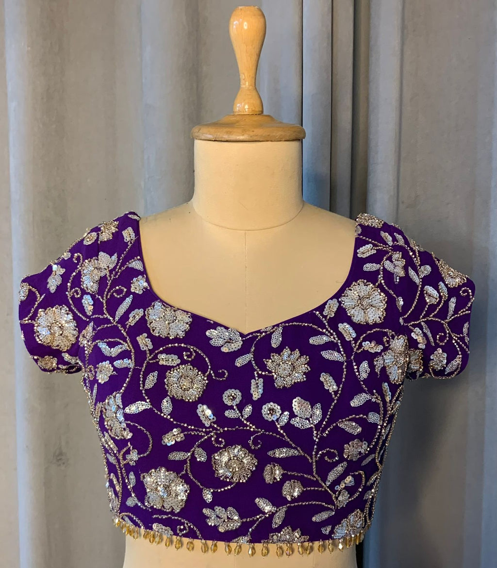 Rust Orange Draped Lehenga Set with Purple Embroidered Blouse
