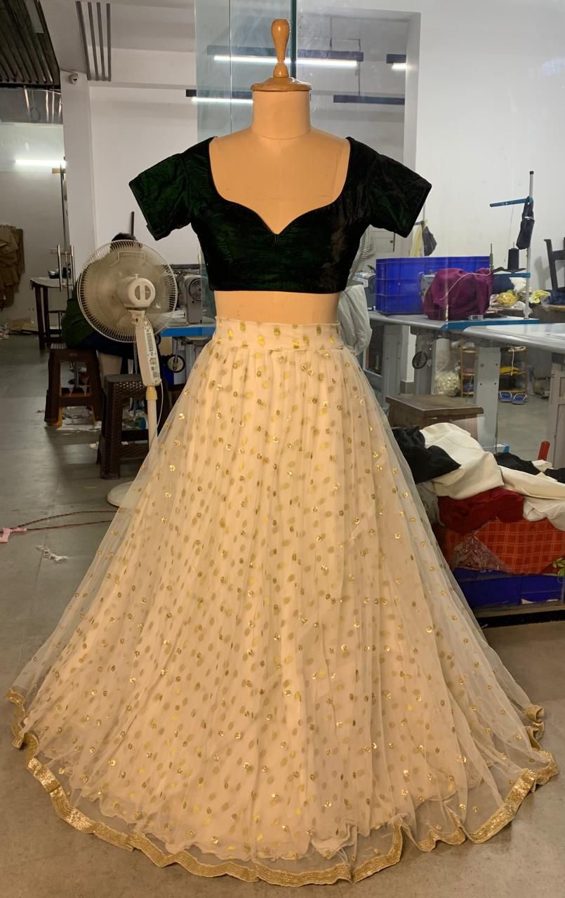 Ivory Net Lehenga Set with Black Velvet Blouse