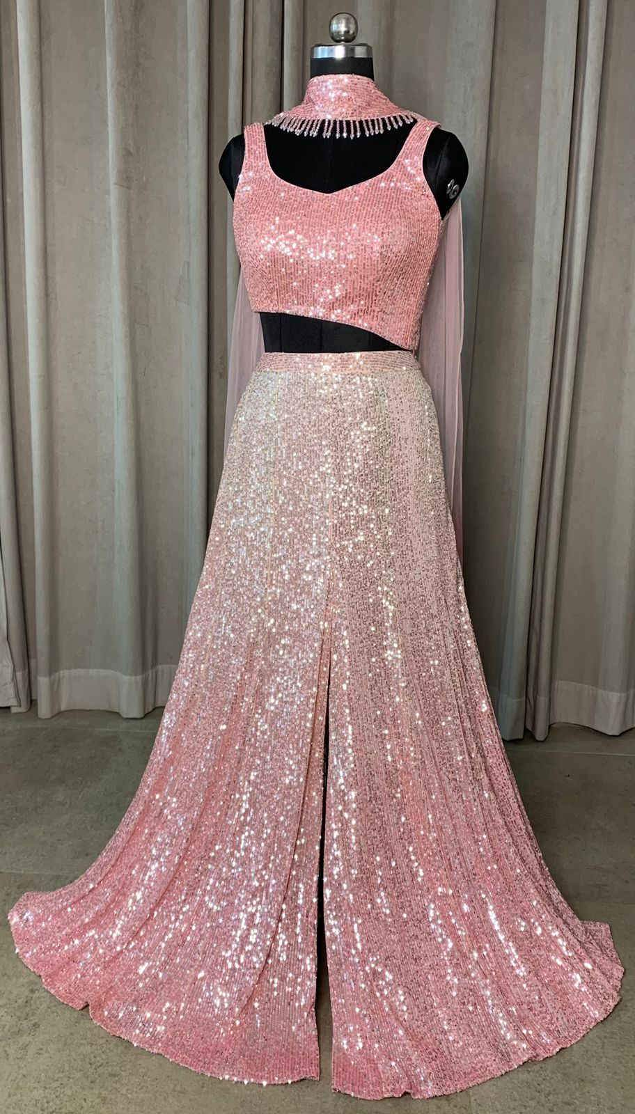 Blush Pink Sequin Lehenga Set with Necklace  Dupatta