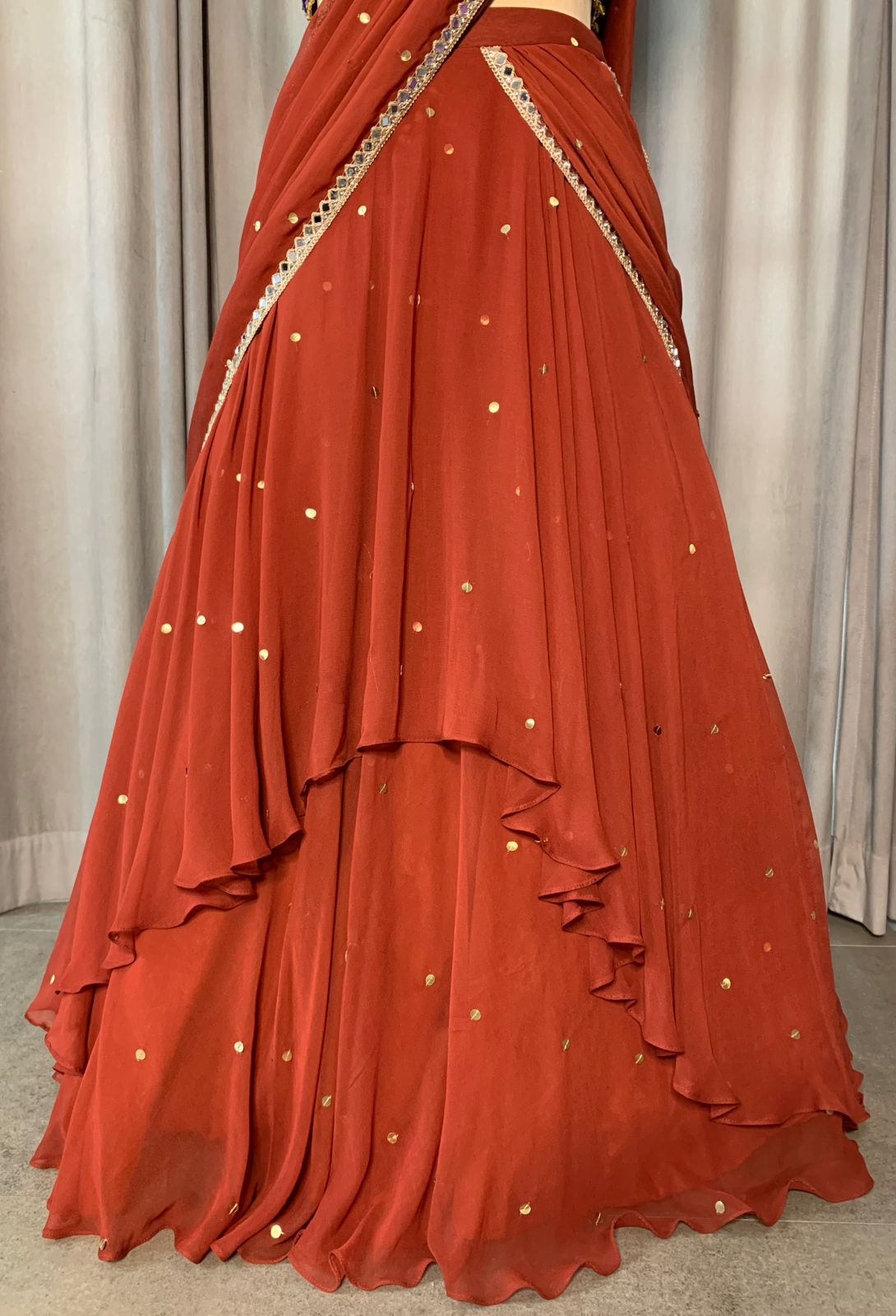 Rust Orange Draped Lehenga Set with Purple Embroidered Blouse