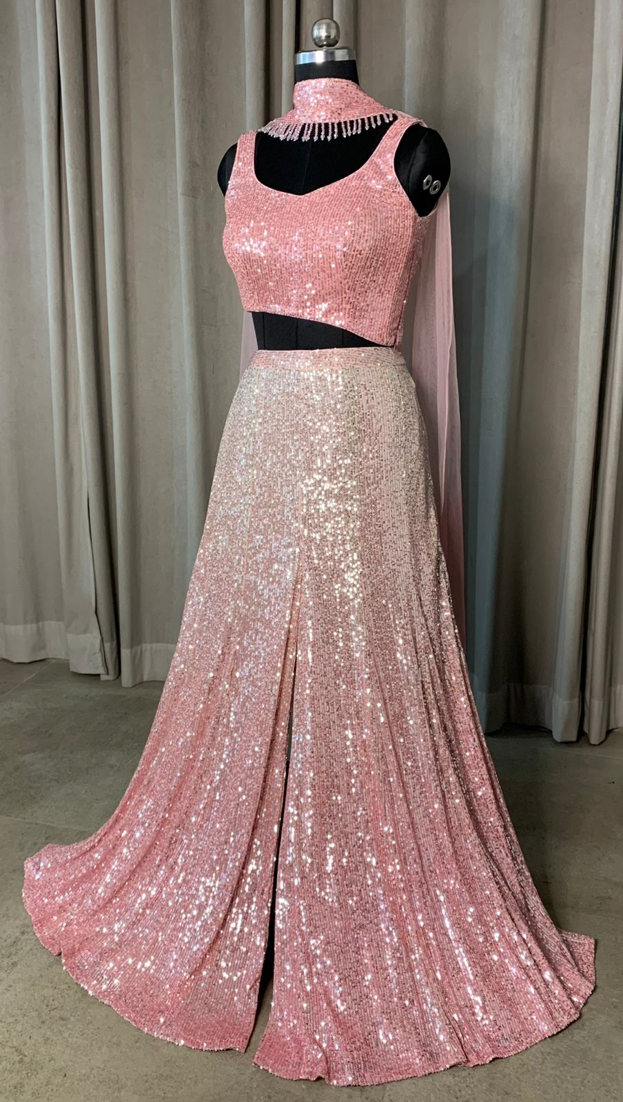 Blush Pink Sequin Lehenga Set with Necklace  Dupatta