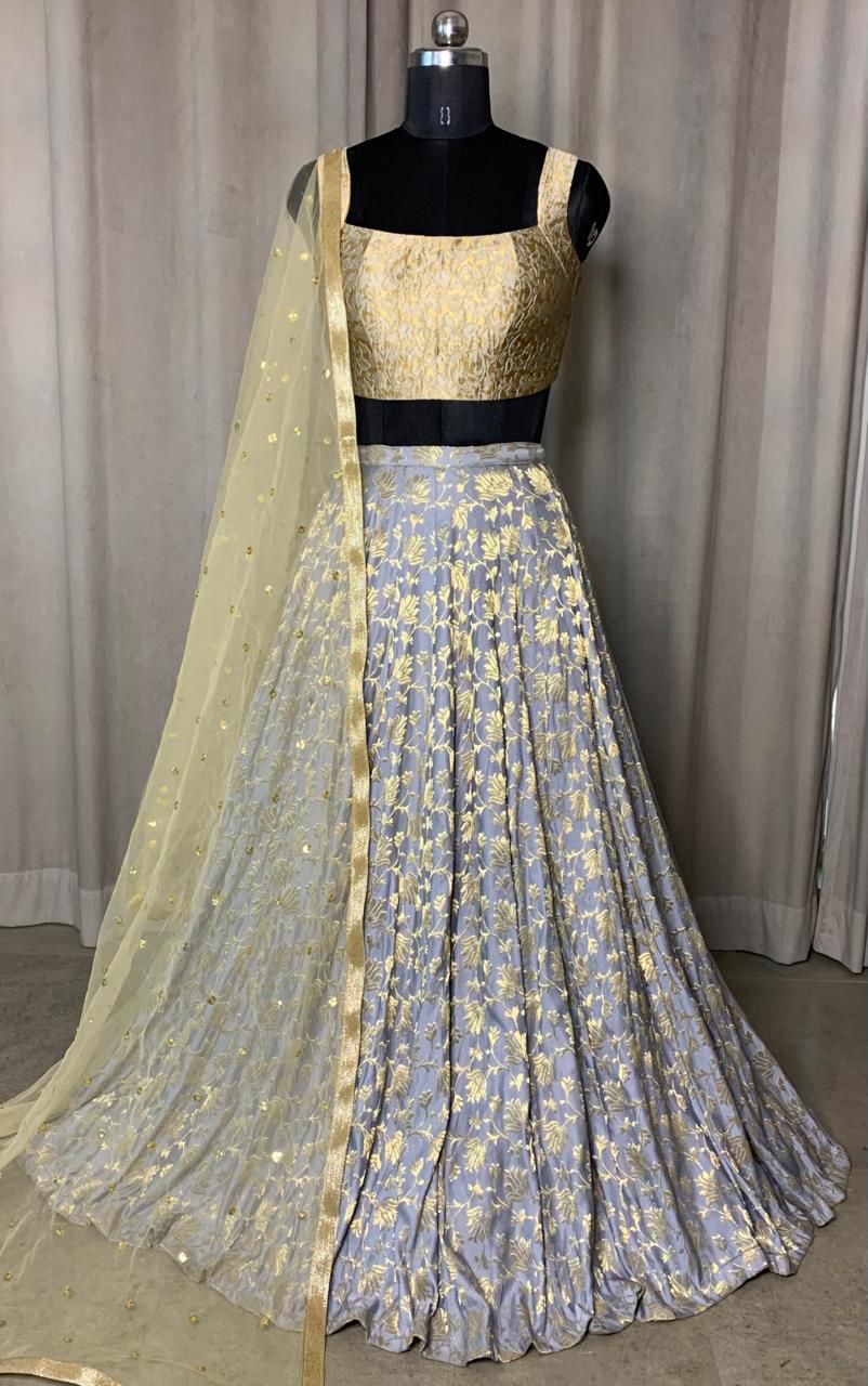 Grey Gold Floral Lehenga Set with Pastel Dupatta
