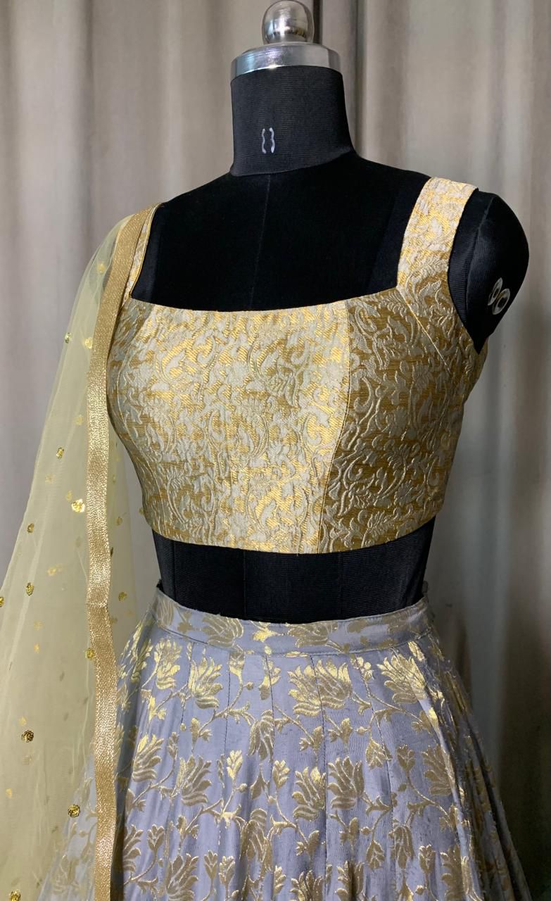 Grey Gold Floral Lehenga Set with Pastel Dupatta