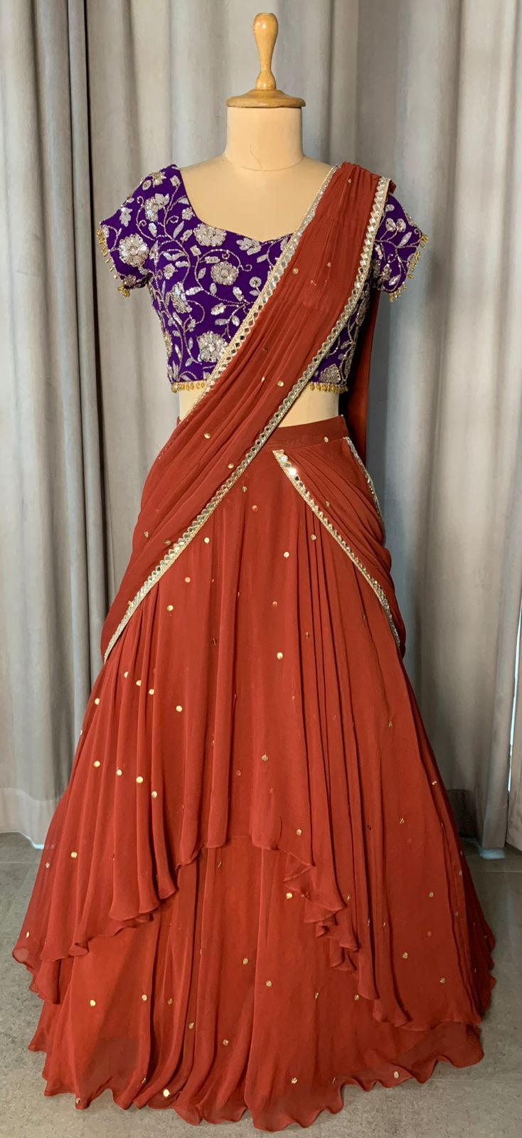 Rust Orange Draped Lehenga Set with Purple Embroidered Blouse
