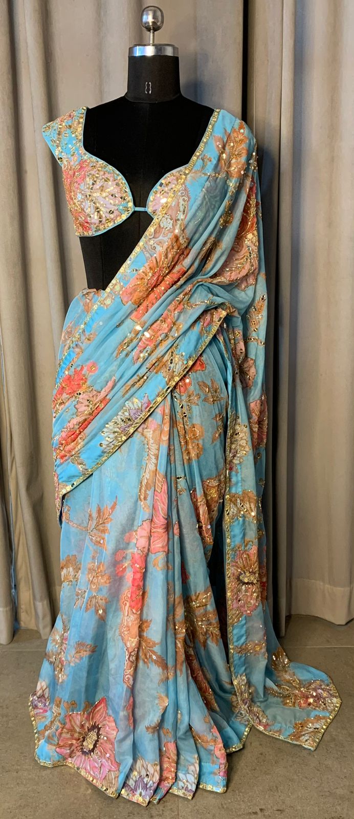 Aqua Blue Floral Organza Saree with Embroidered Blouse