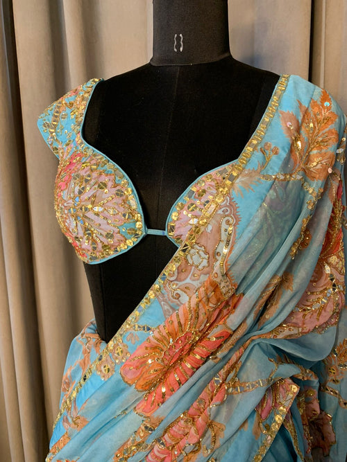 Aqua Blue Floral Organza Saree with Embroidered Blouse