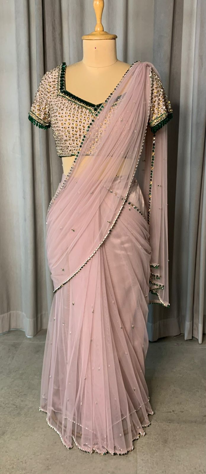 Blush Pink Pre-Draped Saree with Embellished Blouse