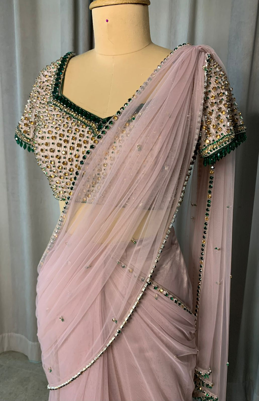 Blush Pink Pre-Draped Saree with Embellished Blouse