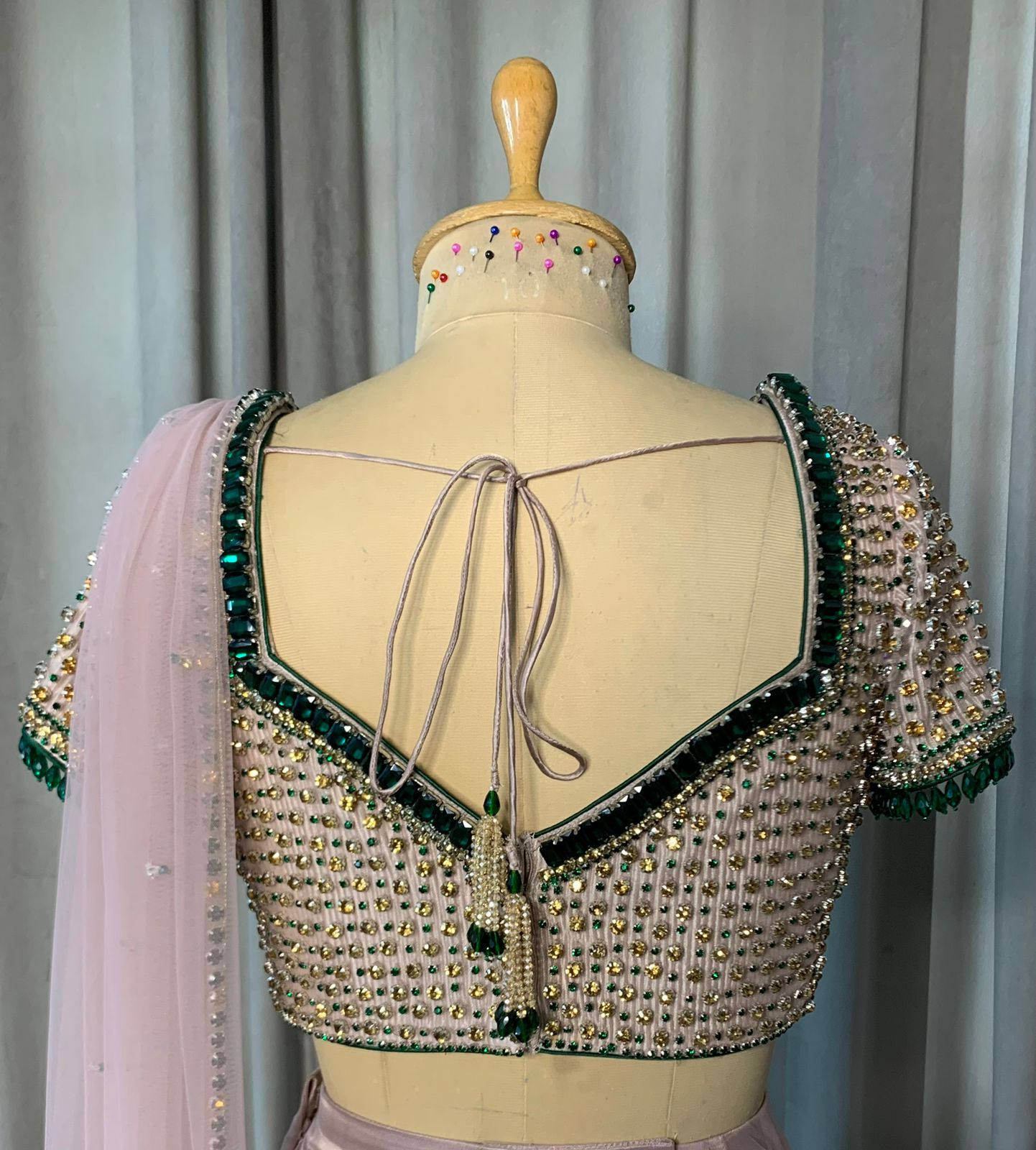 Blush Pink Pre-Draped Saree with Embellished Blouse