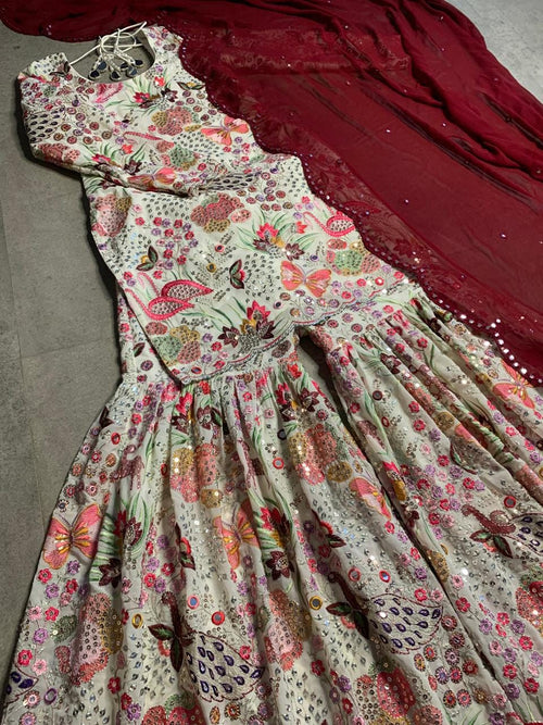 Embroidered Georgette Kurta Gharara Set, Maroon Dupatta, Indian Wedding Outfit