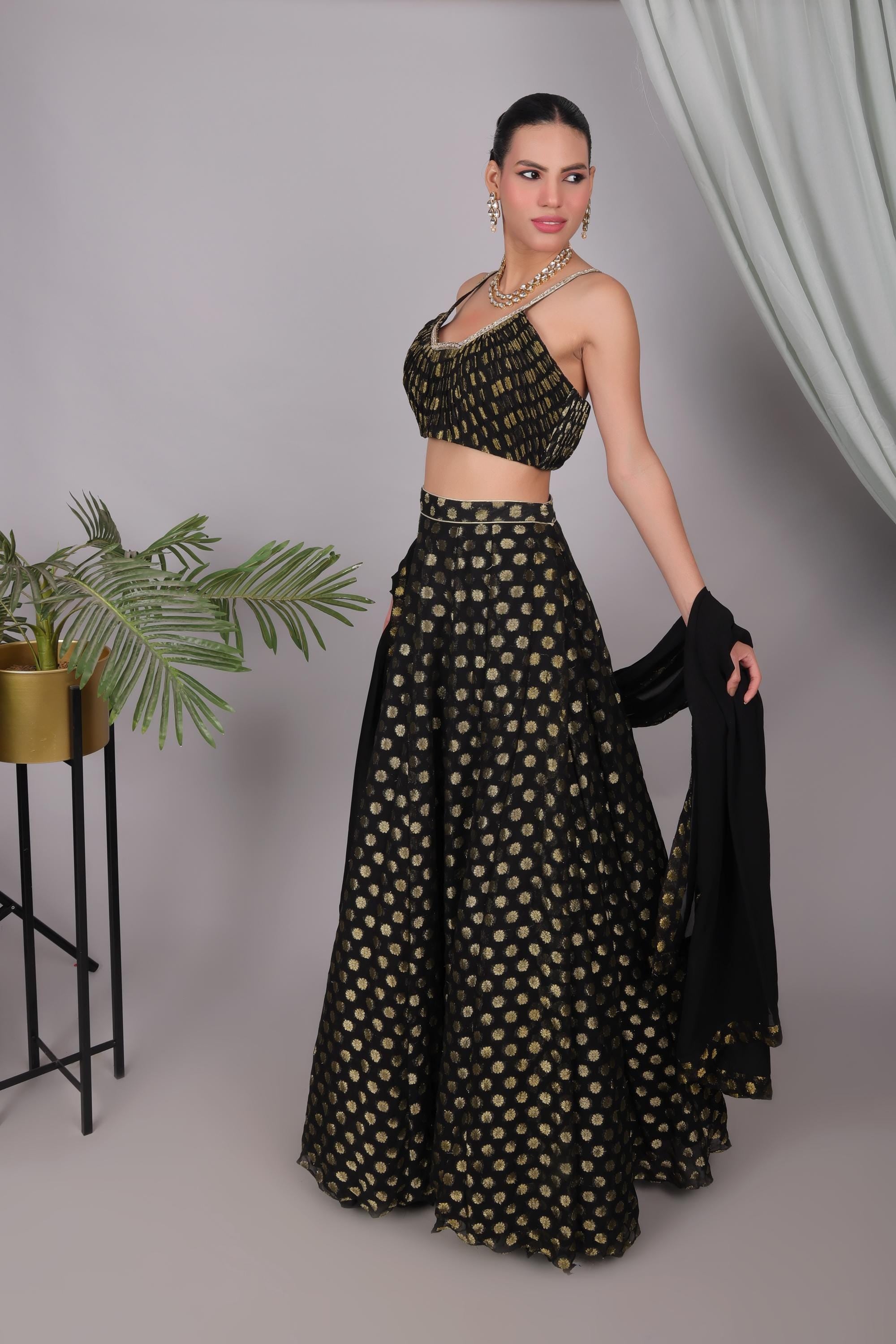 Matching Mother Daughter Lehenga Choli Set, Gold Butti Work Indian Outfit