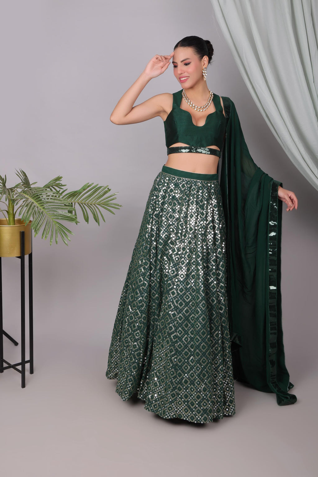 Emerald Green Sequin Lehenga Choli Set - Indian Wedding Outfit