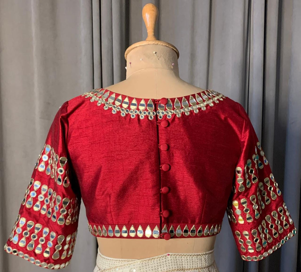 Off-White Georgette Lehenga Choli with Red Raw Silk Mirror Work Blouse, Ready to Wear Indian Wedding Guest Outfit, Stitched Chaniya Choli