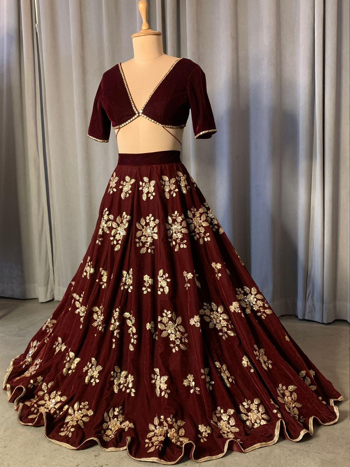 Maroon Velvet Lehenga Choli with Gold Embroidery, Indian Wedding Outfit