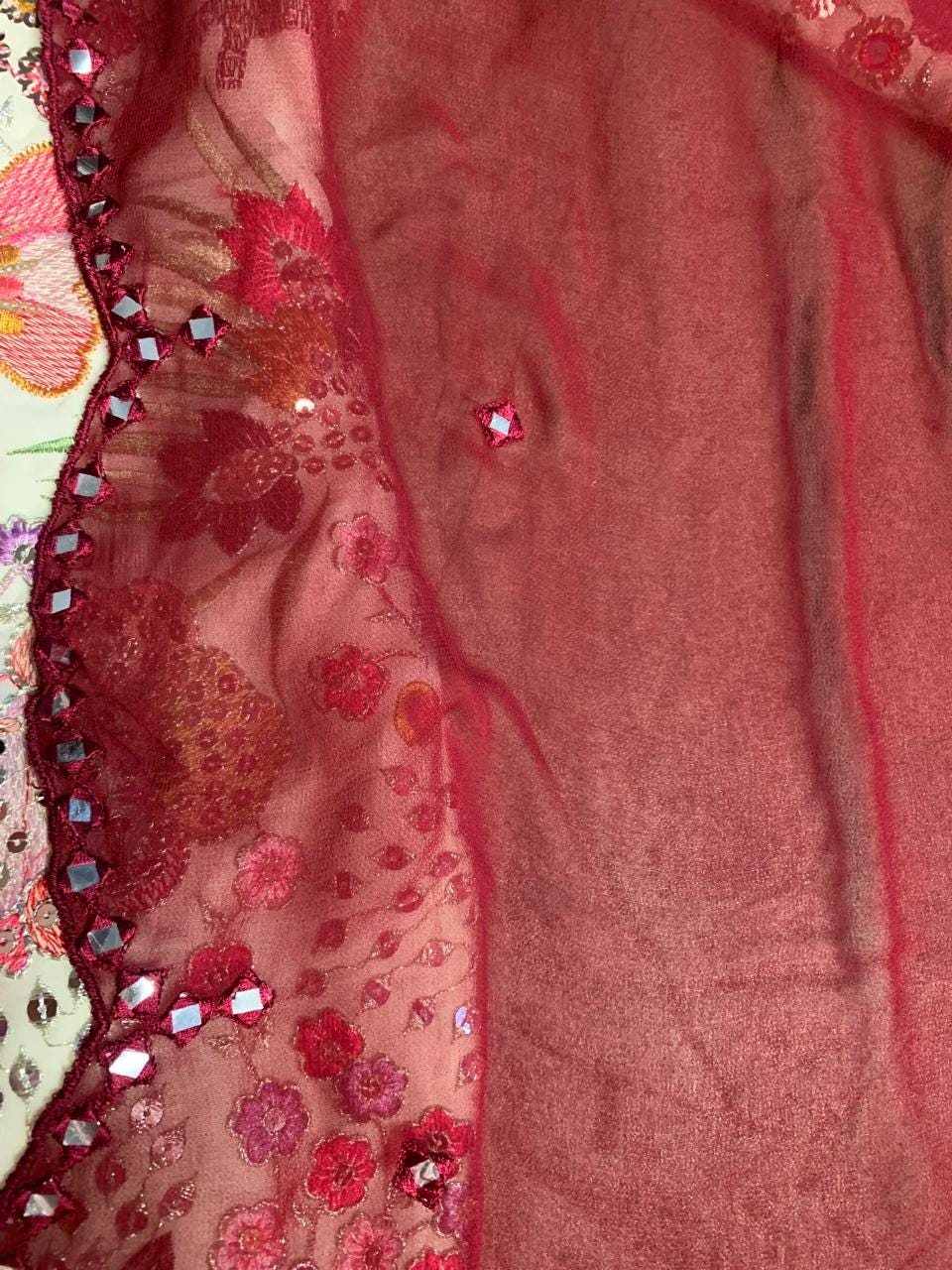 Embroidered Georgette Kurta Gharara Set, Maroon Dupatta, Indian Wedding Outfit