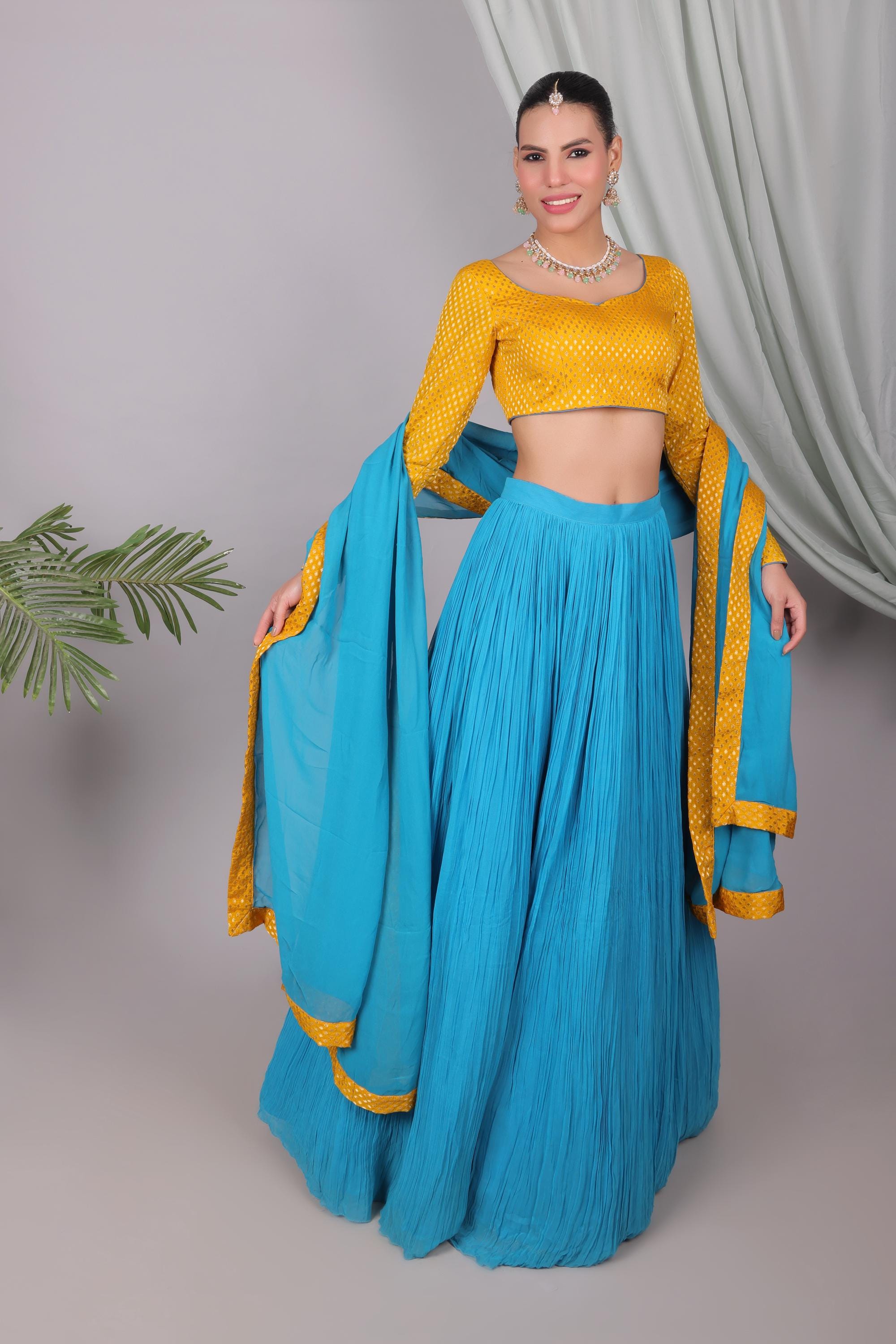 Teal and Mustard Georgette Lehenga Set, Mom and Daughter Matching Indian Outfits