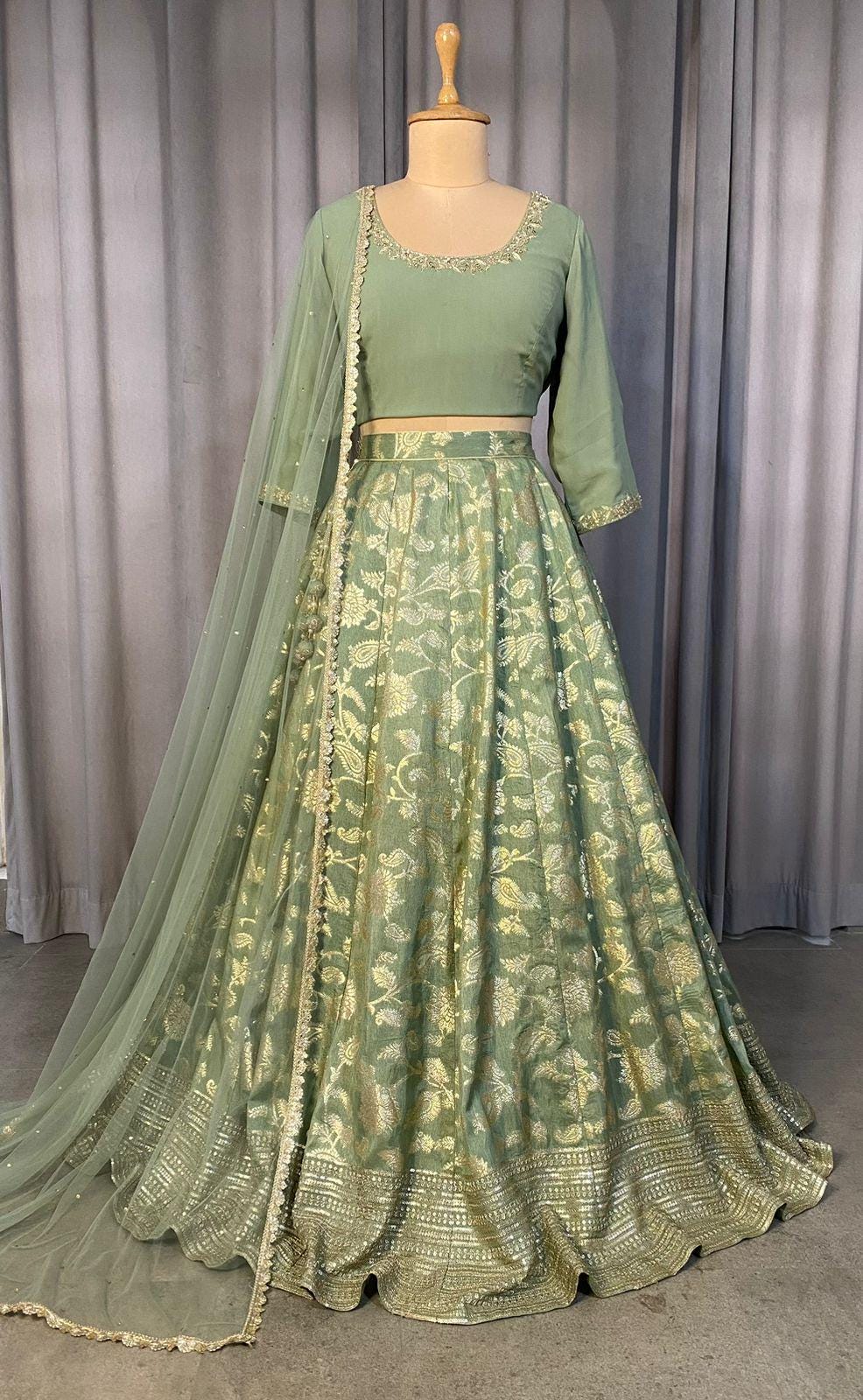 Sage Green Lehenga Choli Set with Dupatta, Indian Wedding Outfit, Floral Brocade Lengha
