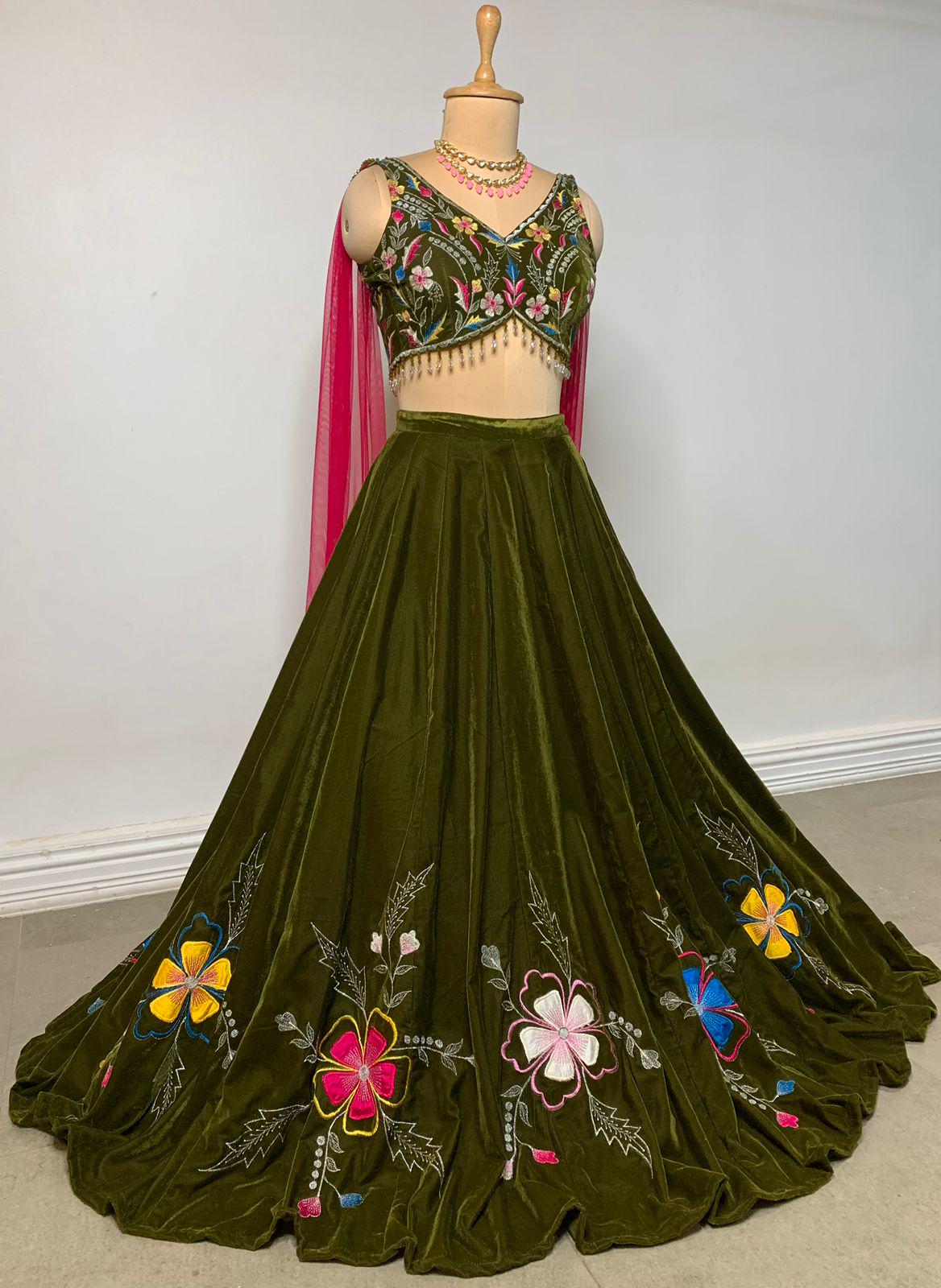 Embroidered Velvet Lehenga Choli Set, Indian Wedding Outfit