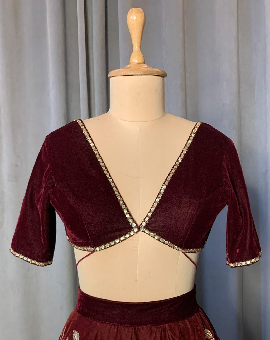 Maroon Velvet Lehenga Choli with Gold Embroidery, Indian Wedding Outfit