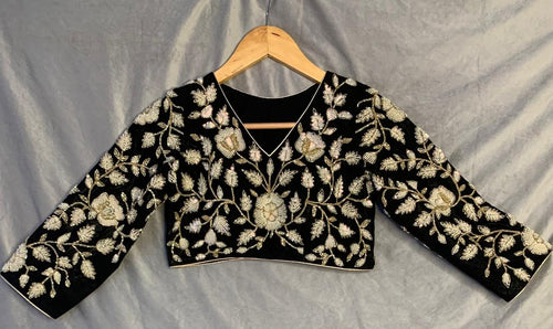 Black Velvet Blouse with Floral Embroidery, Bollywood Style Choli Crop Top