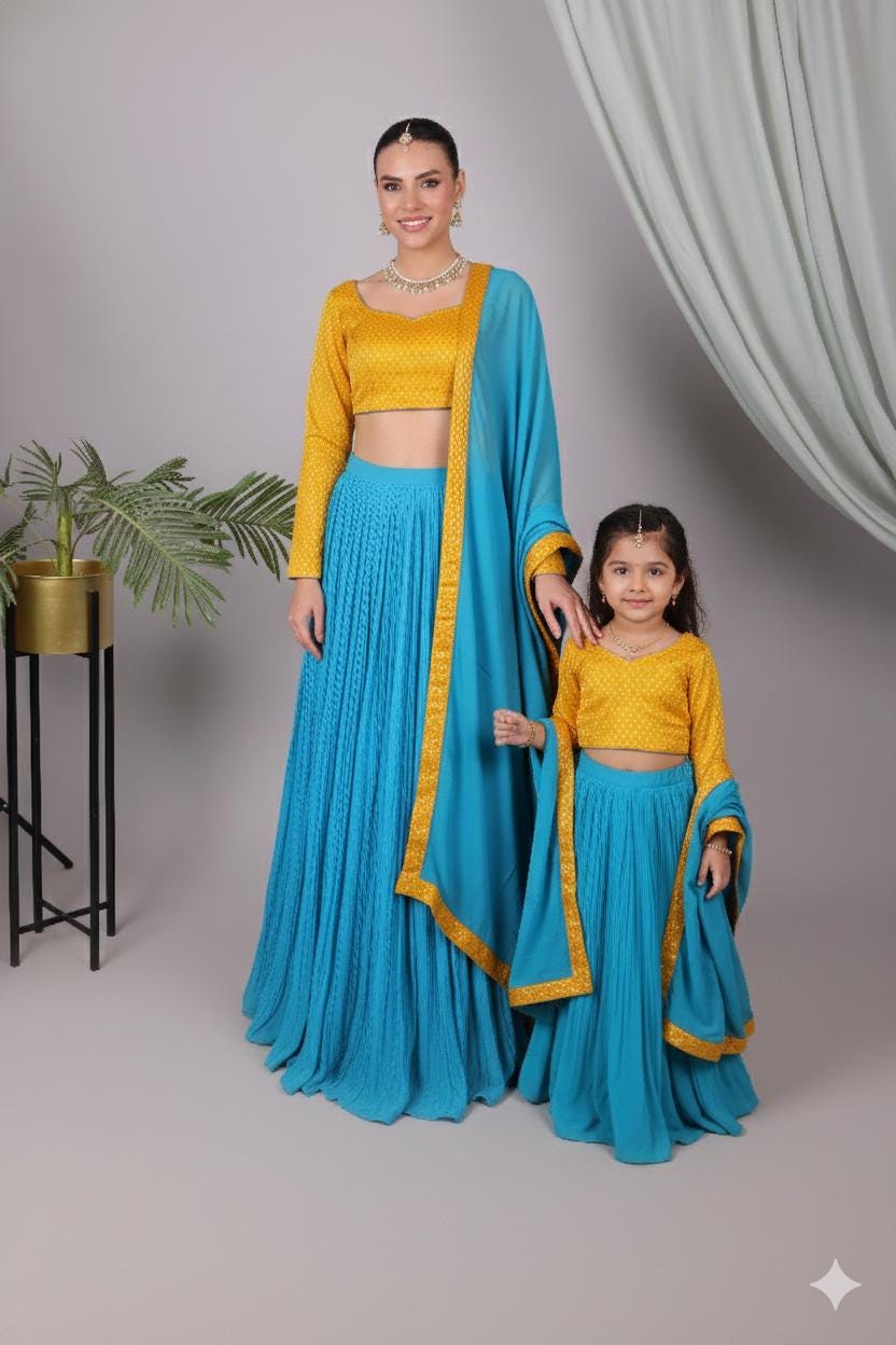 Teal and Mustard Georgette Lehenga Set, Mom and Daughter Matching Indian Outfits